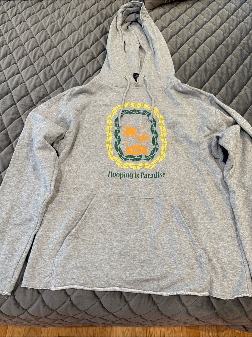 Mens SZ S Gray OVERTIME Hoodie with Tropical 'Hooping is Paradise' Graphic
